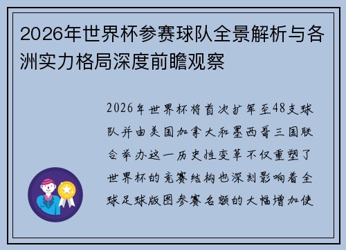 2026年世界杯参赛球队全景解析与各洲实力格局深度前瞻观察