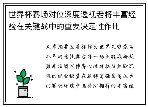 世界杯赛场对位深度透视老将丰富经验在关键战中的重要决定性作用